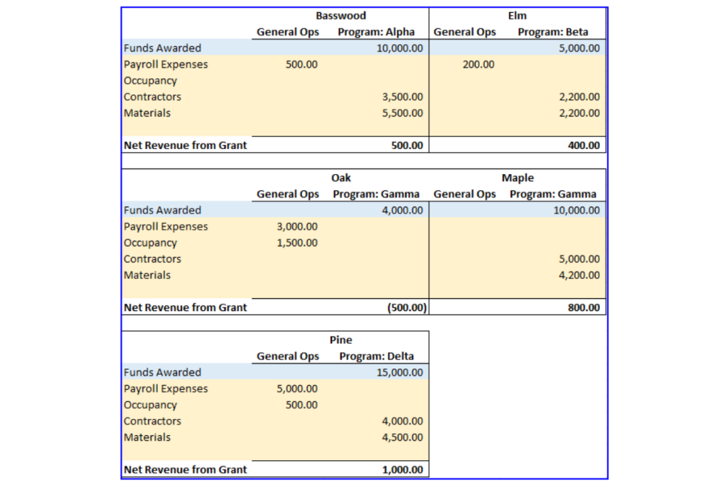 Grant budgets showing funds awarded and costs expended by funtional expense type